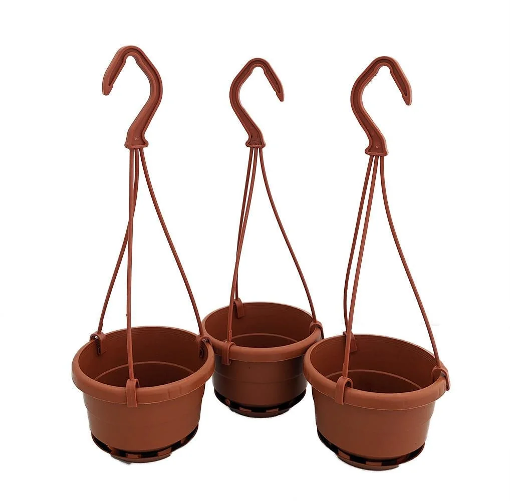 4 inch Mini Plastic Hanging Baskets - 3 Pack - Terracotta Color with Attached Saucers - Image 1