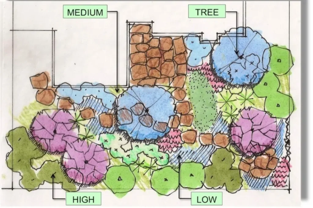 A-garden-layout-sketch-with-different-plant-types-marked-for-spring-planting