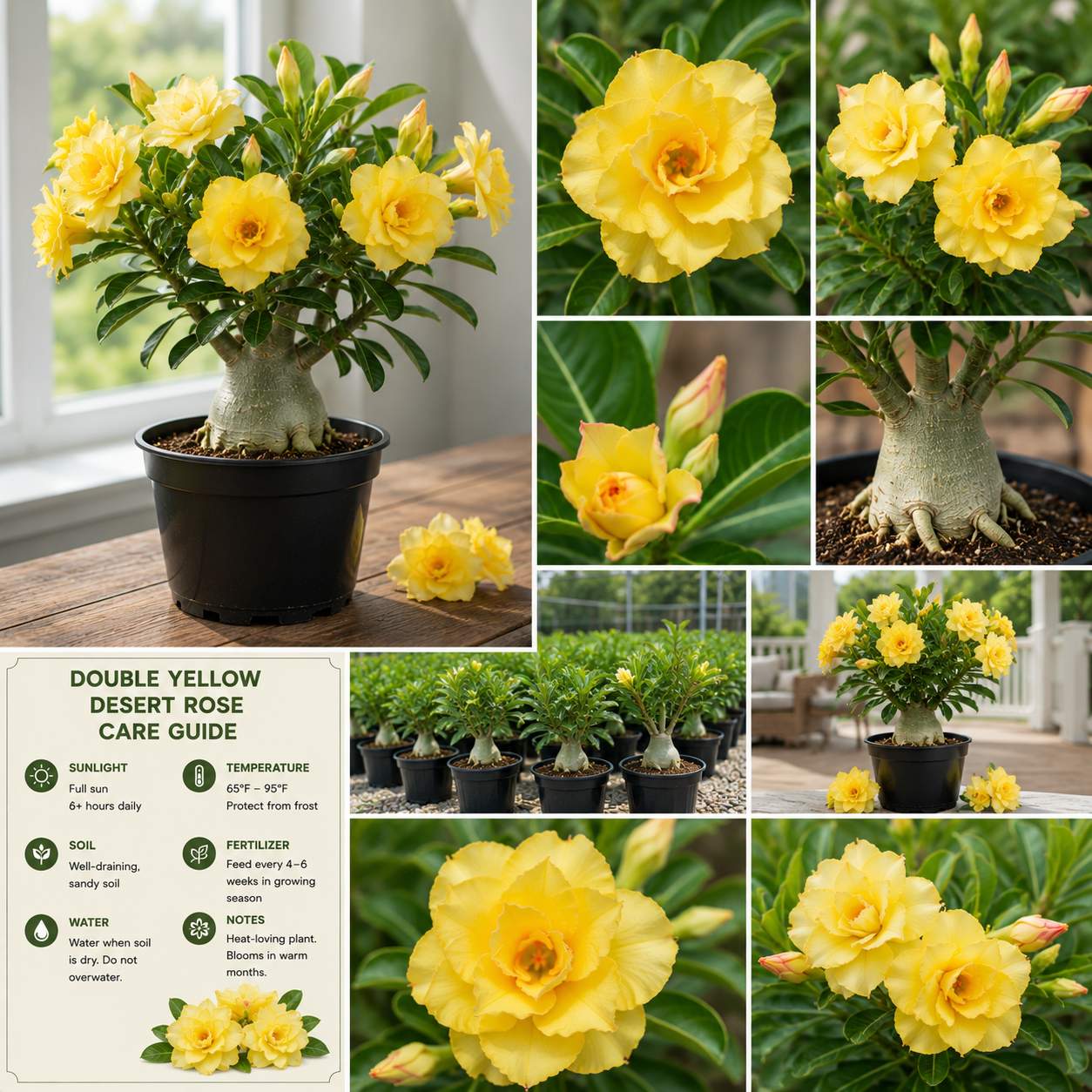Double Yellow Desert Rose Live Plant, Adenium Succulent, 4-7 Inch Tall, Vibrant Blooms