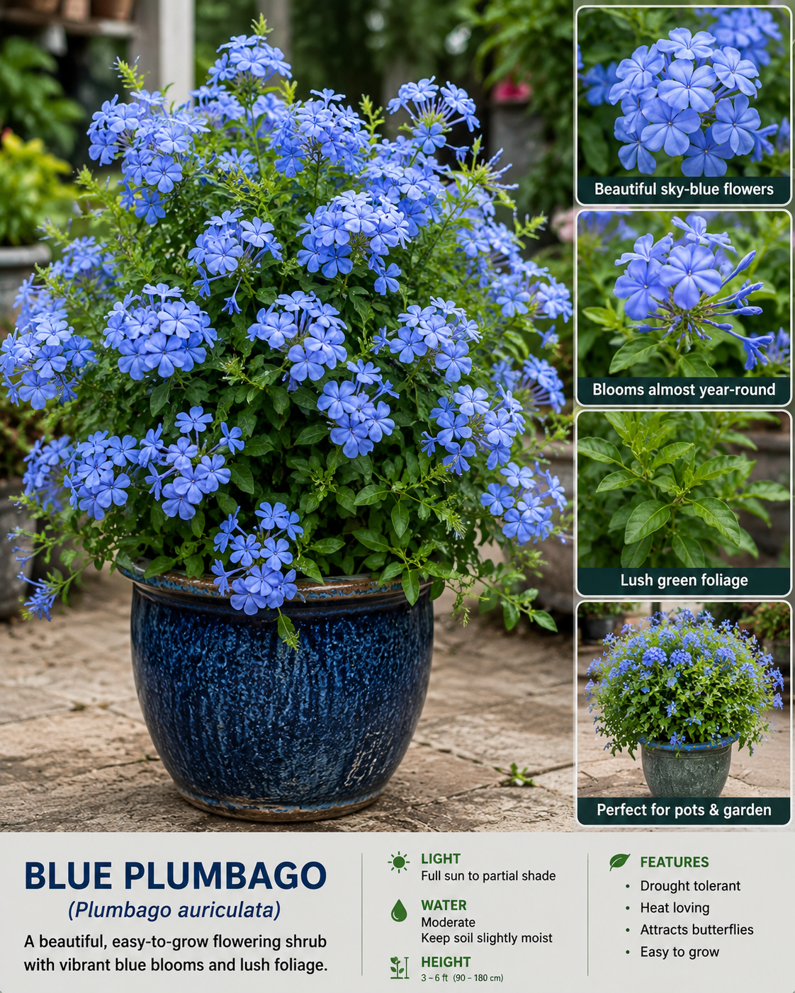 Set of 4 Plumbago Live Plants 4-6'' Tall - Vibrant Blue Flowering Shrubs for Garden