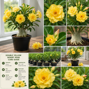 Double Yellow Desert Rose Live Plant - Adenium Obesum - 4-7 Inches Tall - Outdoor Flowering Succulent