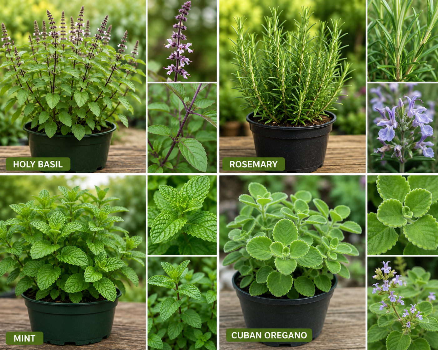 3 Assorted Herb Plants Live - Holy Basil, Rosemary, Mint, Cuban Oregano, 3-5 Inches Tall
