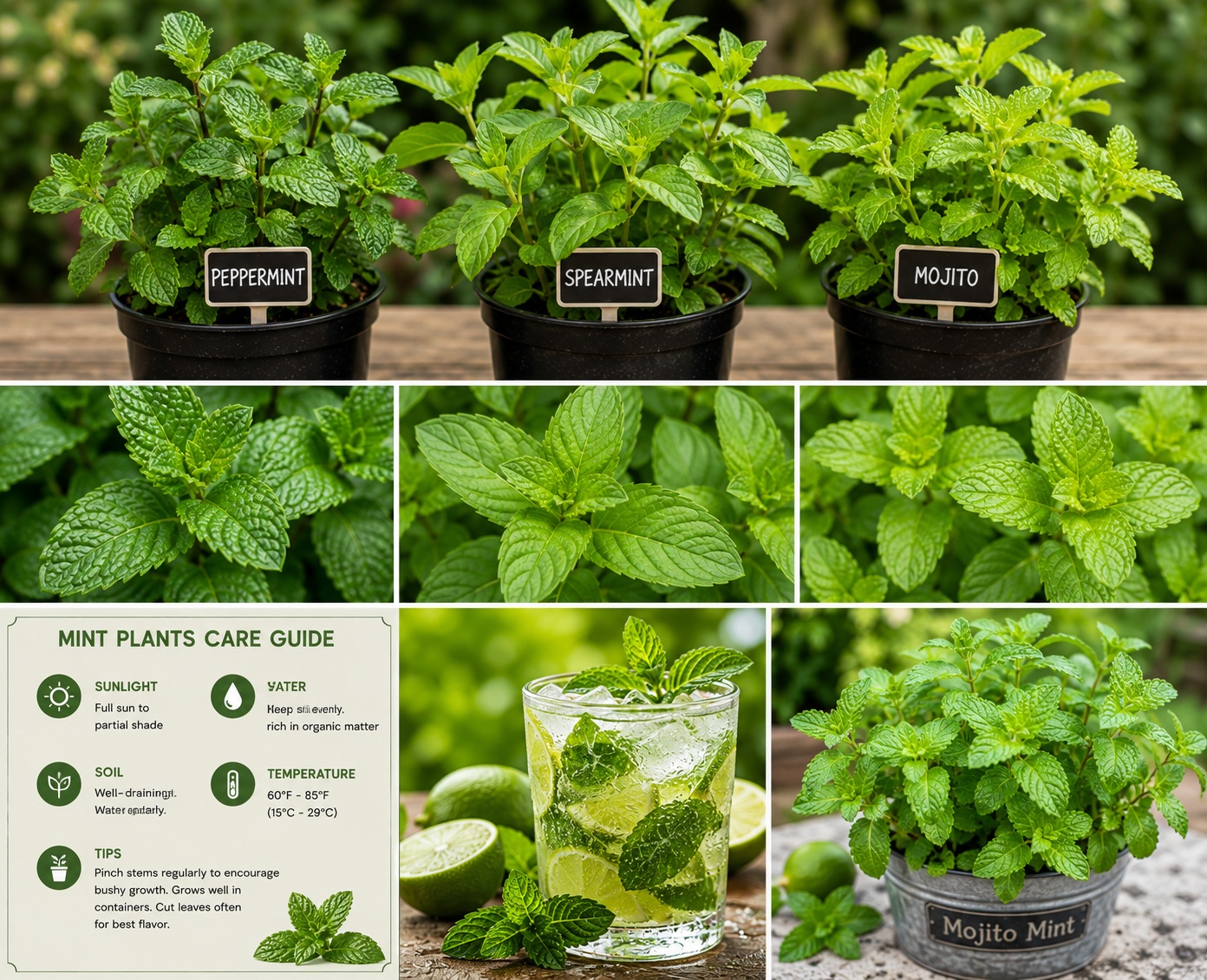 Set of 3 Mixed Mint Live Plants - Peppermint, Spearmint, Mojito Mint Herbs, 4-6 Inches Tall