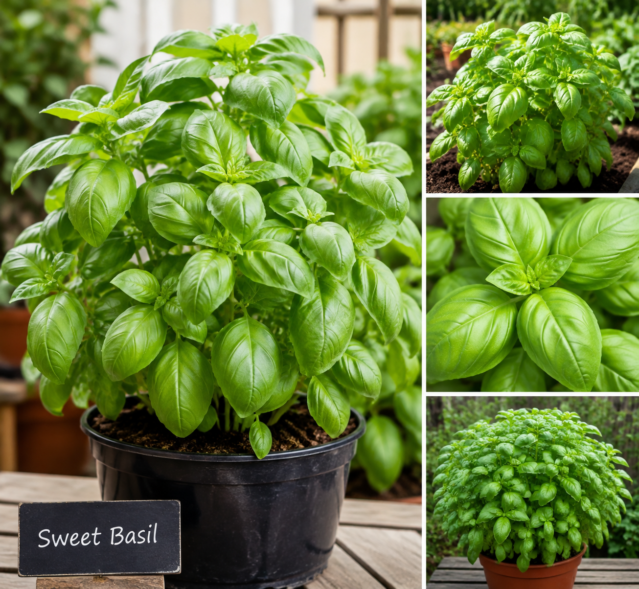 Sweet Basil Live Plant Set, 3 Plants in 4 Inch Pots, Herb Garden