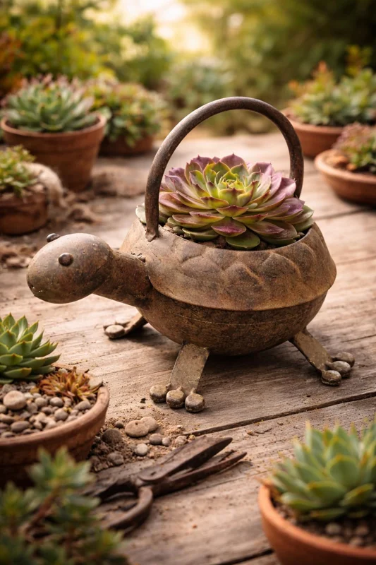 Turtle Watering Can + 3 Succulent Live Plants Bundle - Indoor/Outdoor Decor - Image 2
