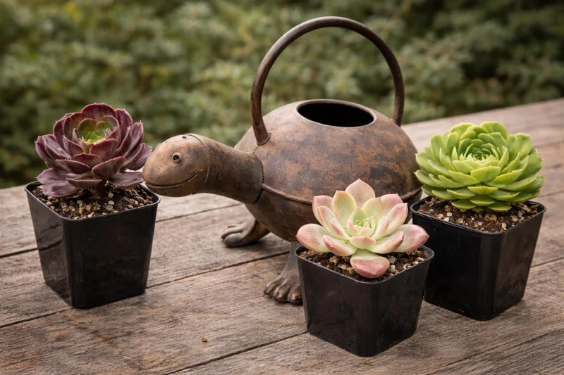 Turtle Watering Can + 3 Succulent Live Plants Bundle - Indoor/Outdoor Decor - Image 1