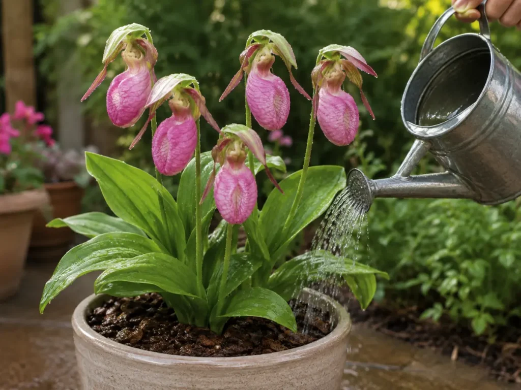 watering Lady Slipper Orchid plants