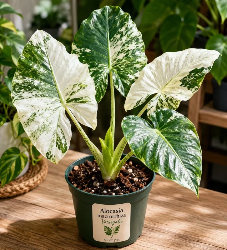 Variegated Alocasia Macrorrhiza Live Plant - Elephant Ear, 4" Pot, Potted Houseplant - Image 1